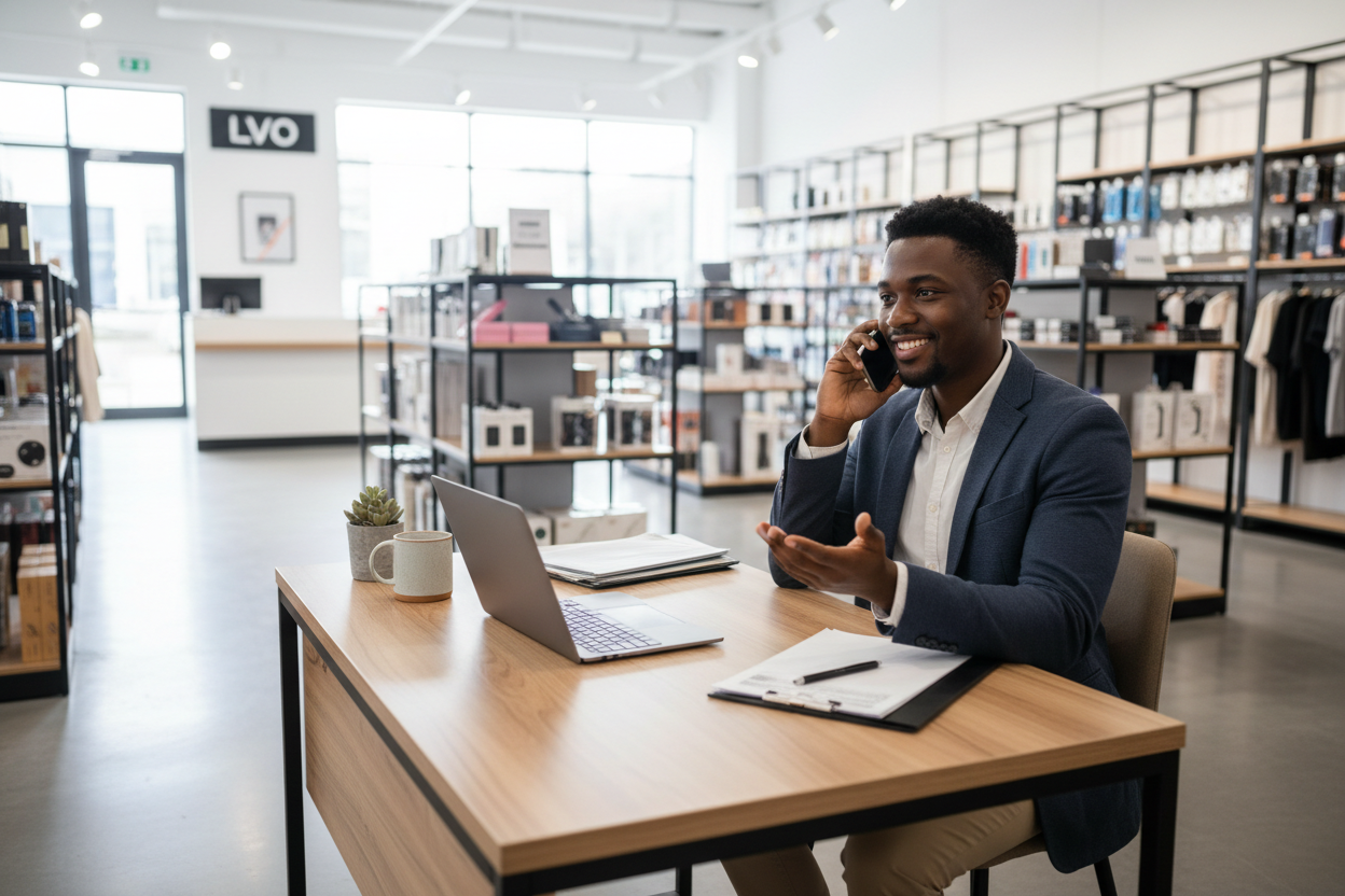 black cleck taking a phone call behind desk in an LVO store
