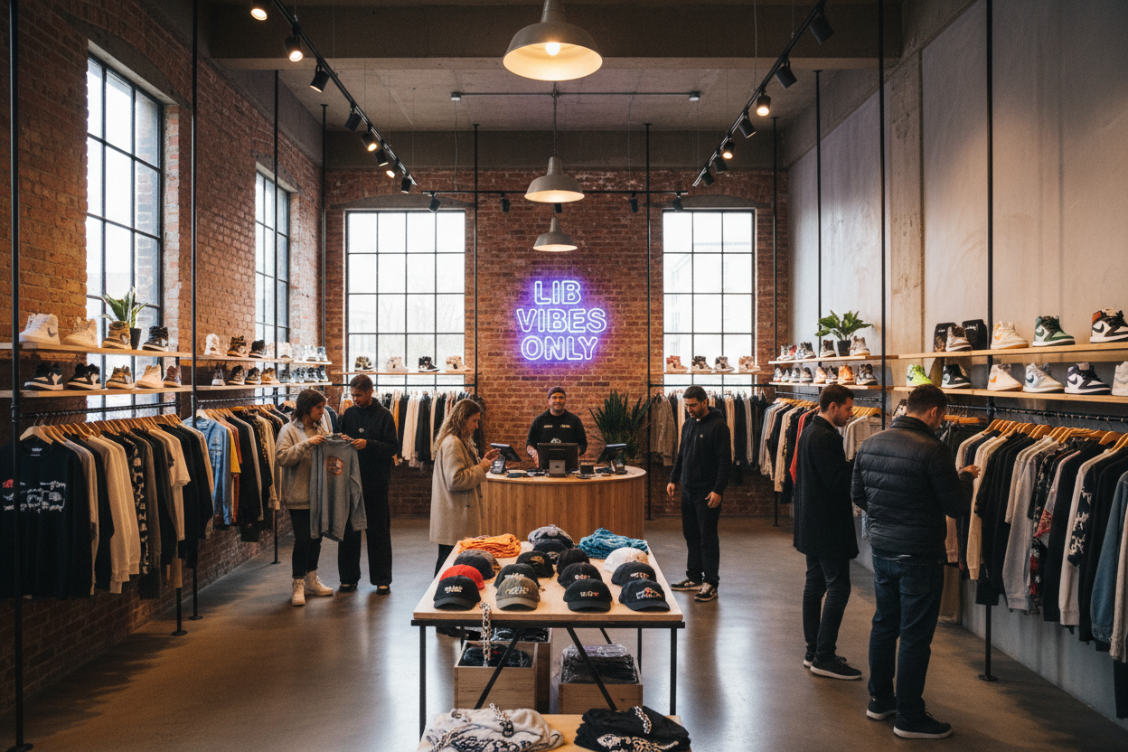 shoppers walking through a streetwear clothing store with lib vibes only sign somewhere 