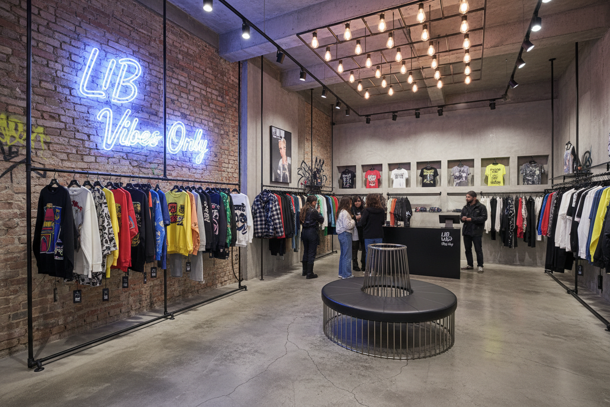 streetwear clothing store with LIB Vibes Only sign