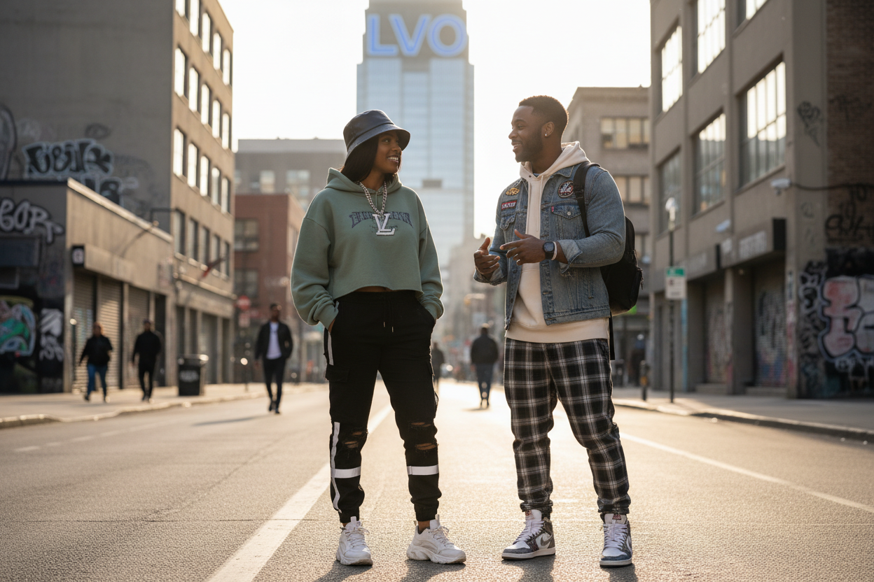 two black models rocking streetwear talking with LVO logo in a distance